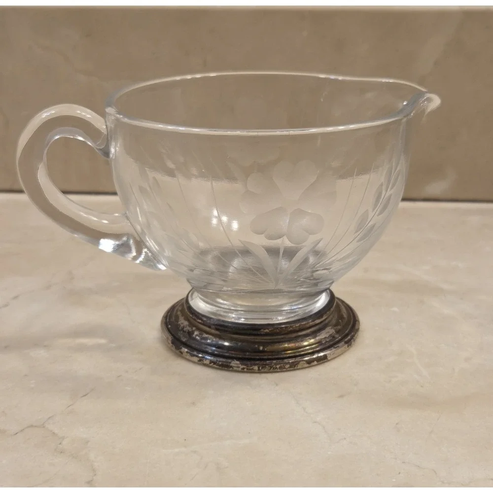 1920s Sterling Silver & Etched Glass Frank Whiting‎ Co Cream Pitcher Hand Blown